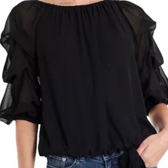 Tops - Blouse/top black chiffon /poly with tiered  3/4 arms M. Perfect condition.